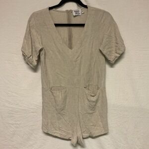 Princess Poly Romper Shorts Tan‎ Size 2 Linen Short Sleeves V-neck Minimalist